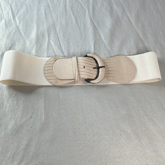 Vintage Vibe Wide Stretchy Snakeprint Cream Tan Belt Pewter Look L - Picture 7 of 8